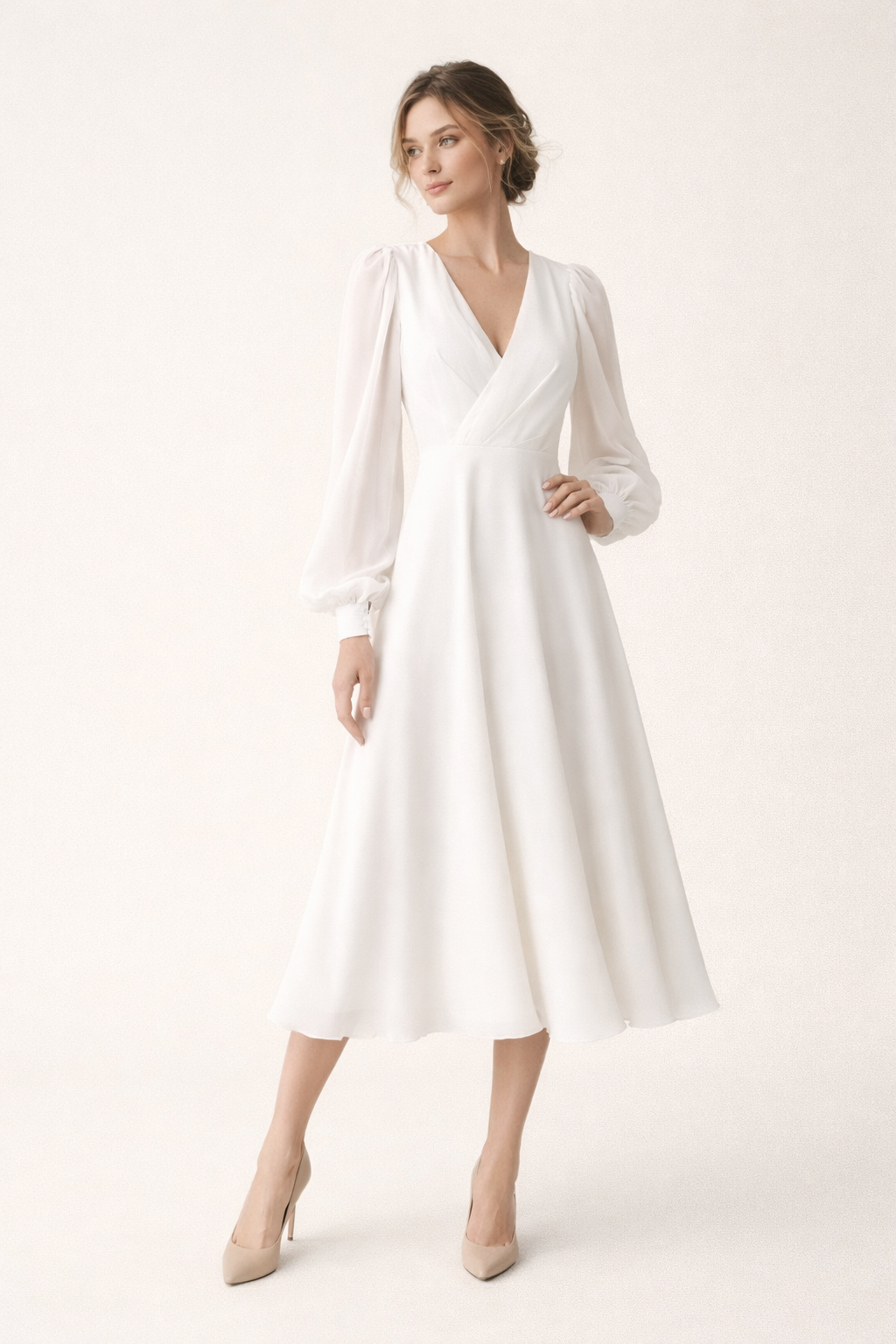 Langes Kleid mit V-Ausschnitt und langen Puffärmeln - Elsa