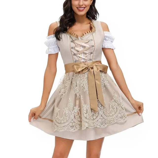 Damen Dirndl Kleid Grau-Rosa mit Stickdetails - Helga