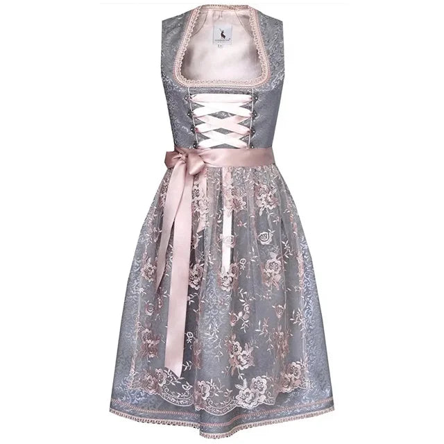Damen Dirndl Kleid Grau-Rosa mit Stickdetails - Helga