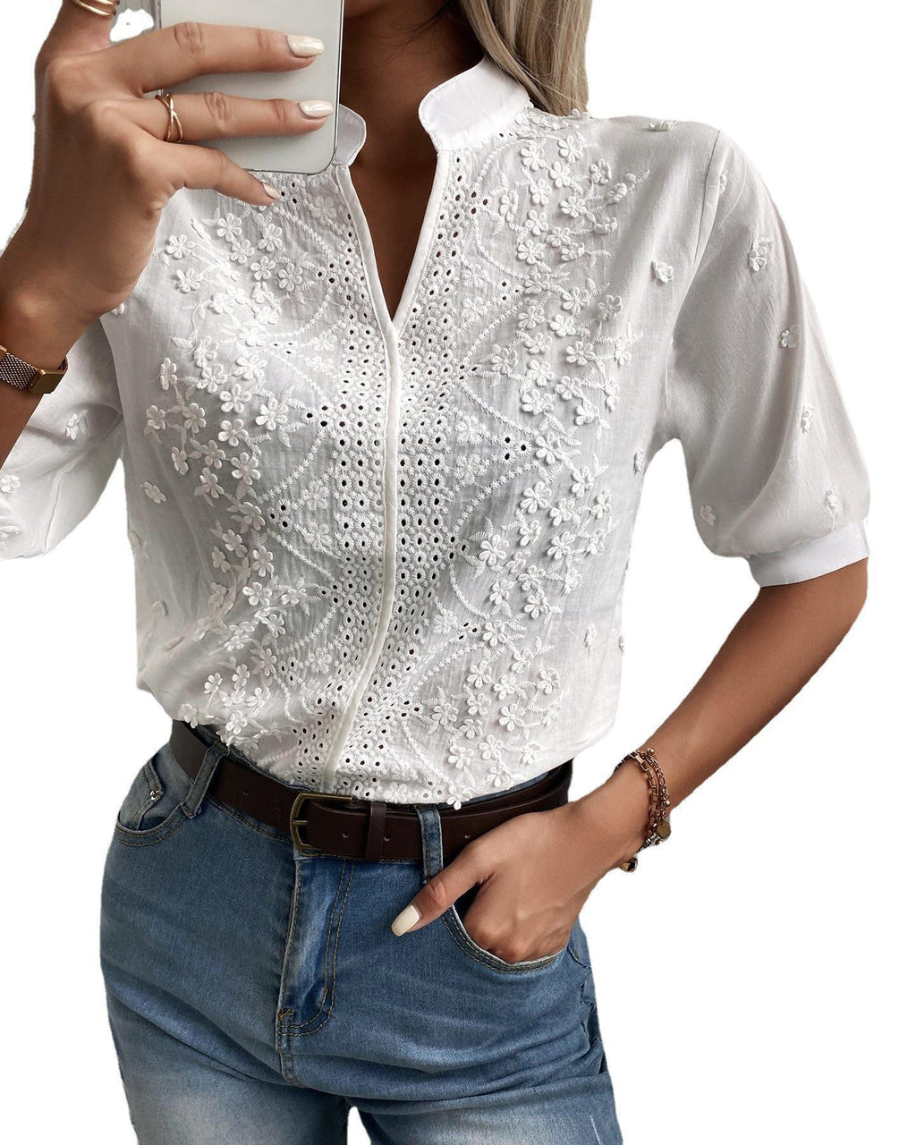 Diana - Damen-Spitzenbluse mit hohem Ausschnitt und V-Ausschnitt