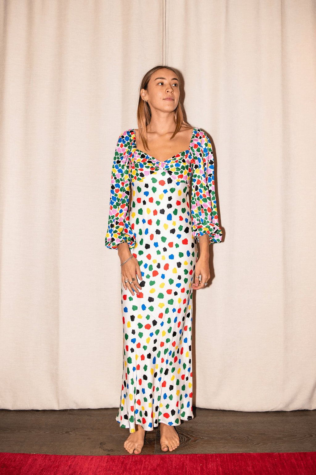 Ricarda - Sweetheart Splice bedrucktes Maxi-Satinkleid mit Punkten
