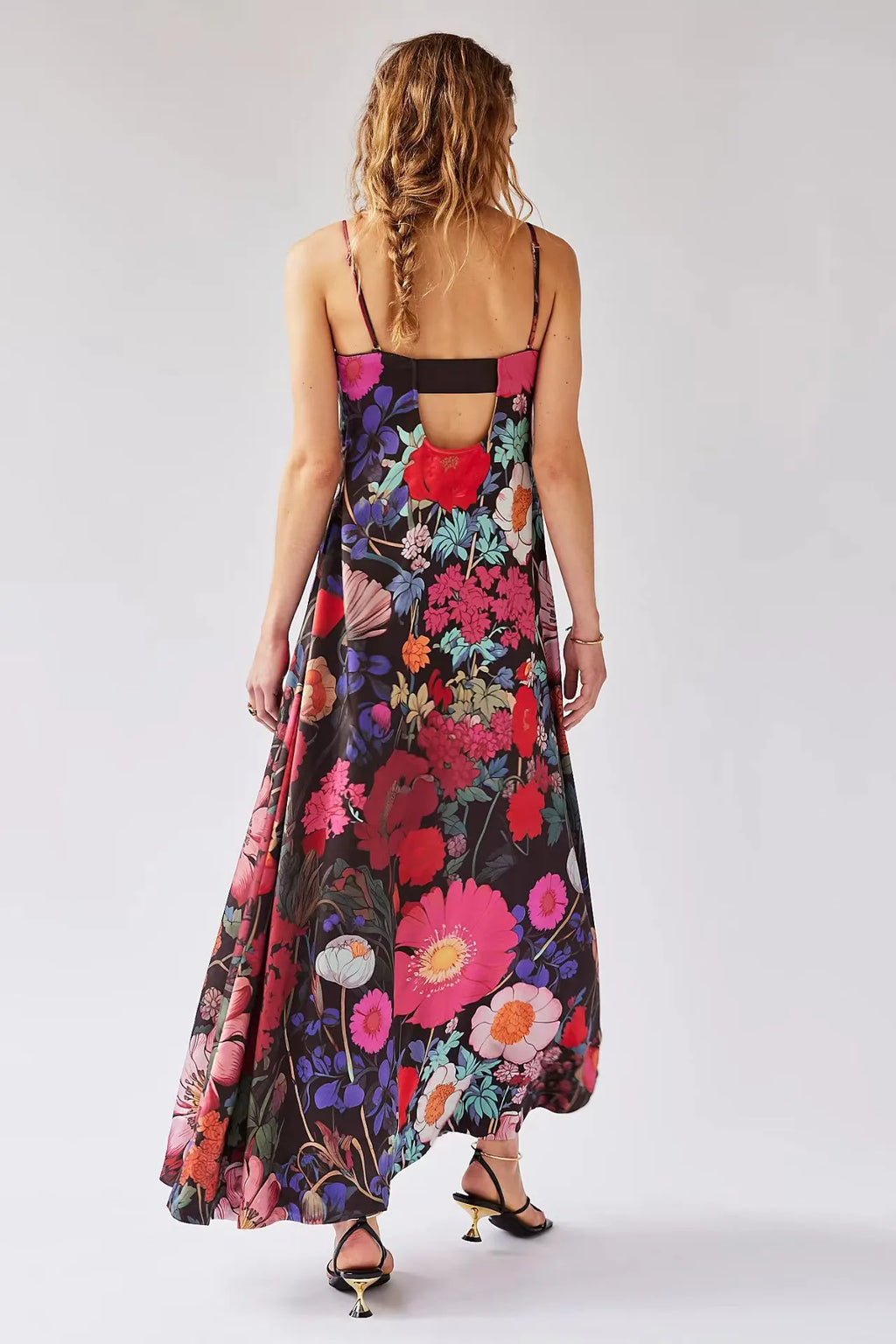 Langes Kleid mit Blumendruck, hohe Taille, A-Linien-Schnitt - Althea