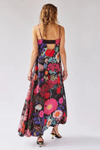 Langes Kleid mit Blumendruck, hohe Taille, A-Linien-Schnitt - Althea