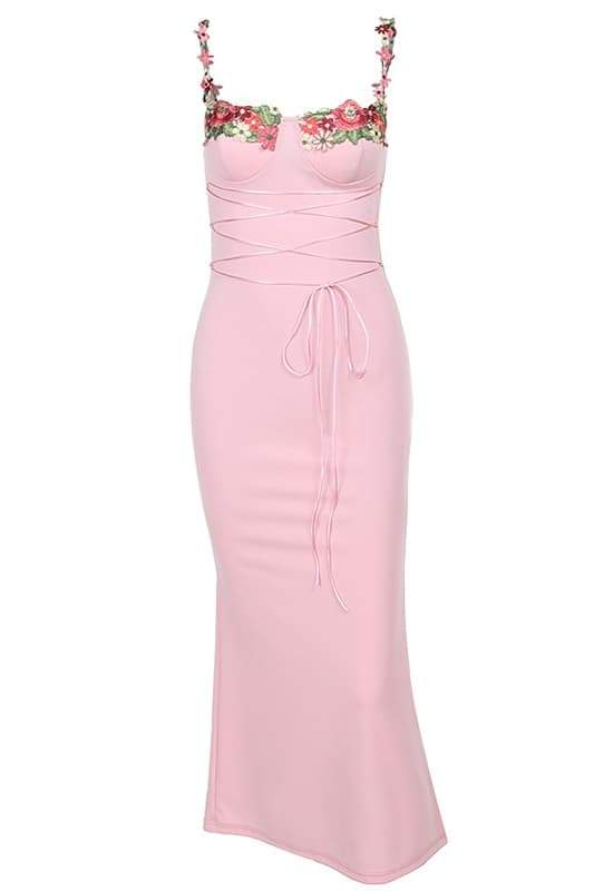 Brenda - Midikleid mit floraler Stickerei und Schnürung