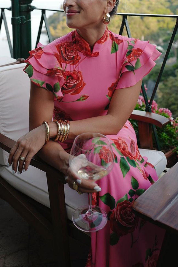 Elena - Langes Kleid mit ausgestellten Ärmeln und floralem Rosendruck