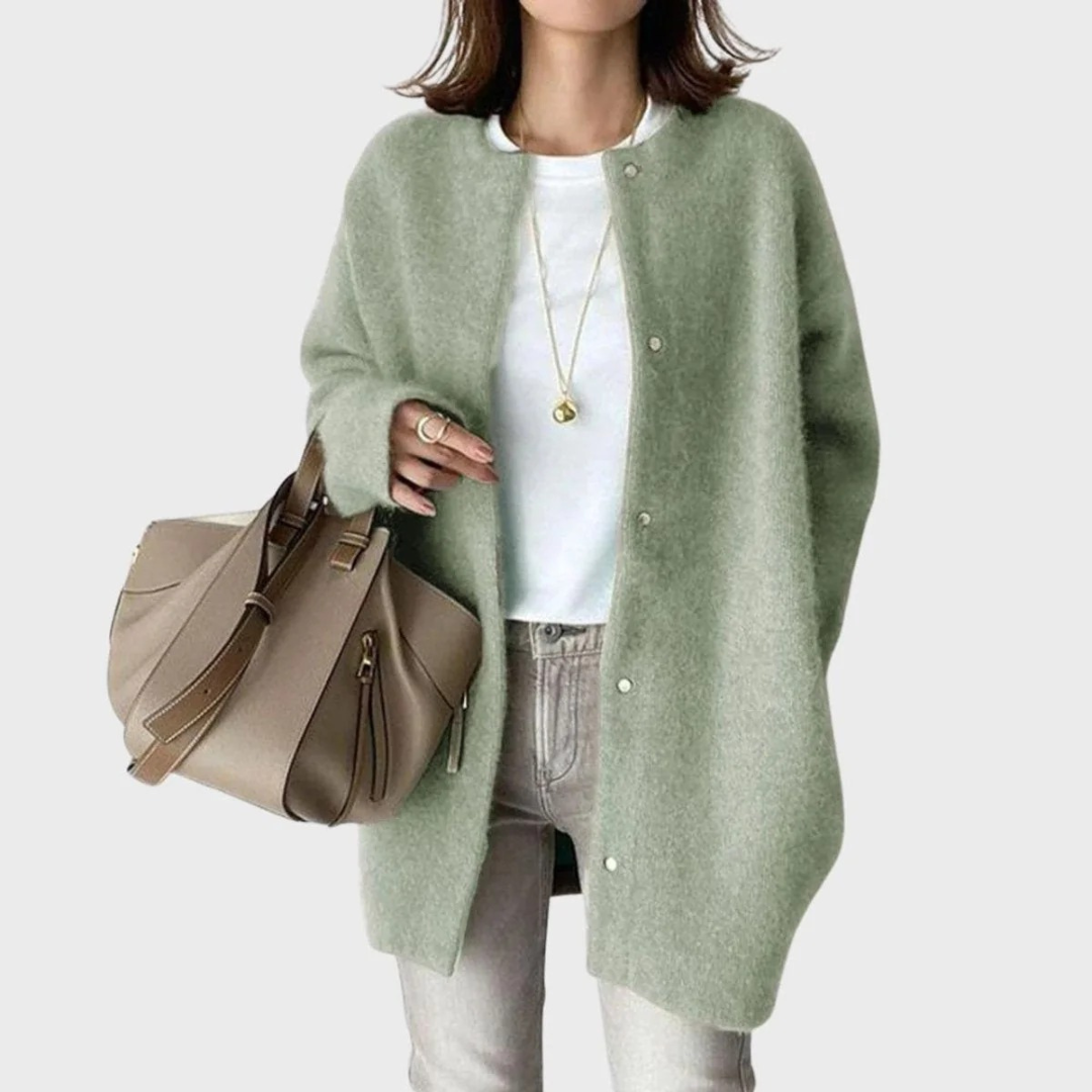 Lange Oversize-Strickjacke für Damen mit Rundhalsausschnitt und Knöpfen – Thelar