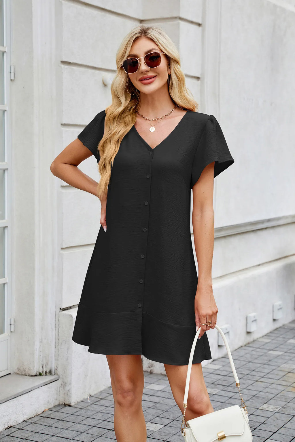 Jane - Einfarbiges Kleid mit V-Ausschnitt