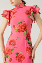 Elena - Langes Kleid mit ausgestellten Ärmeln und floralem Rosendruck