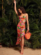 Diana - bedrucktes asymmetrisches Midikleid mit Wasserfallausschnitt