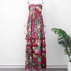 Evelina - Langes, tief ausgeschnittenes Kleid mit Volants und Blumenmuster