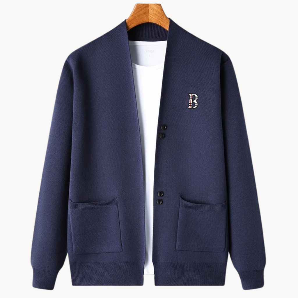 Gerade geschnittene Herrenstrickjacke mit breitem Kragen - Einar