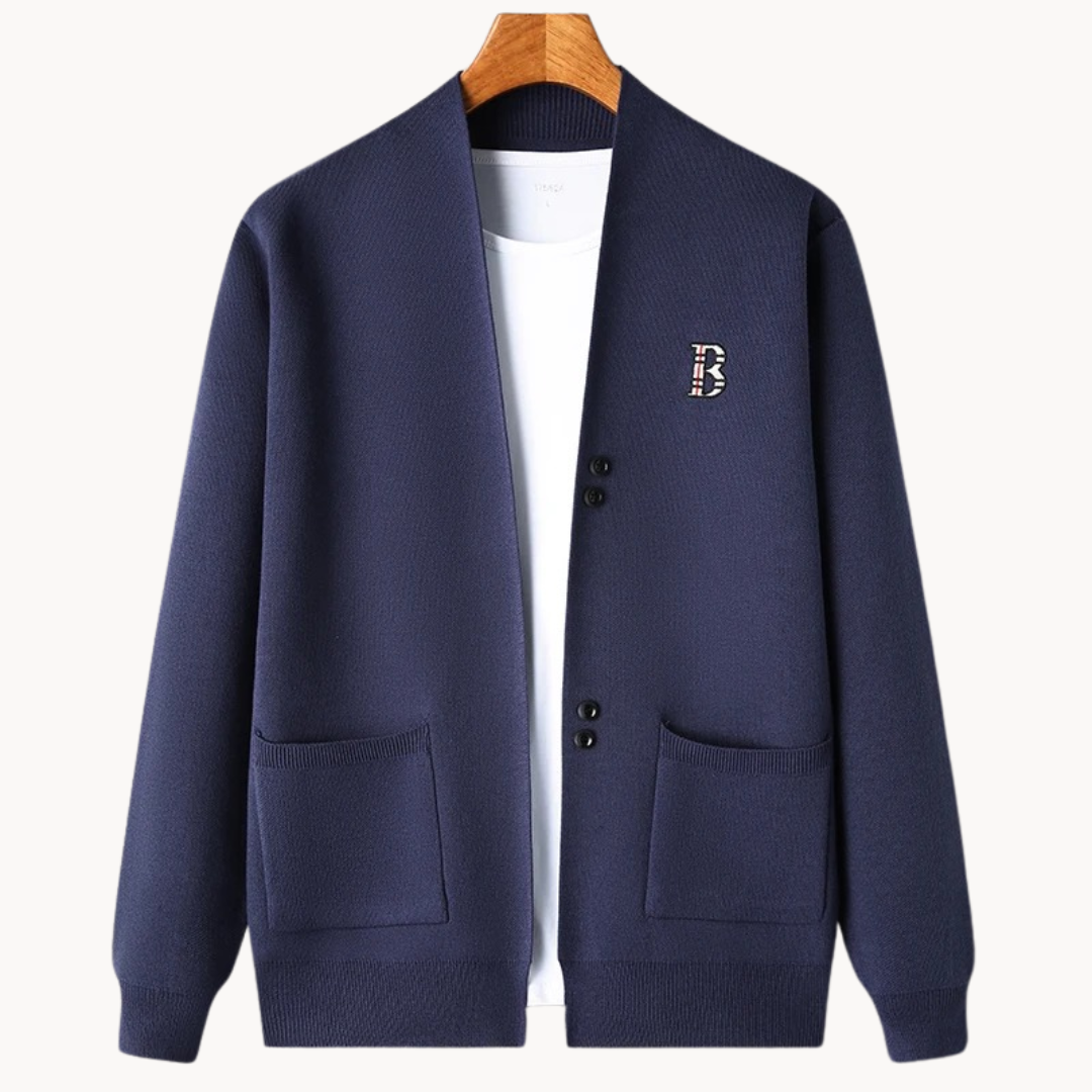 Gerade geschnittene Herrenstrickjacke mit breitem Kragen - Einar