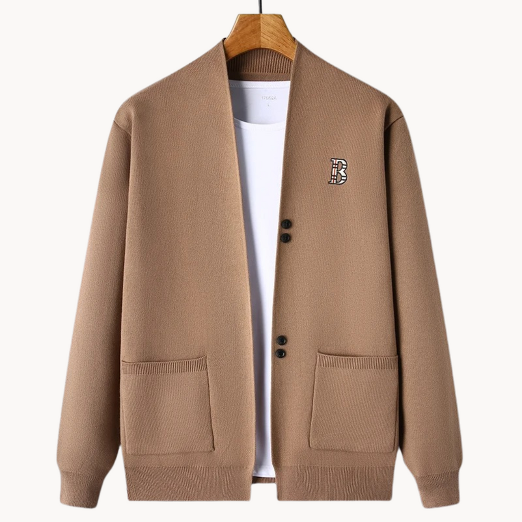 Gerade geschnittene Herrenstrickjacke mit breitem Kragen - Einar
