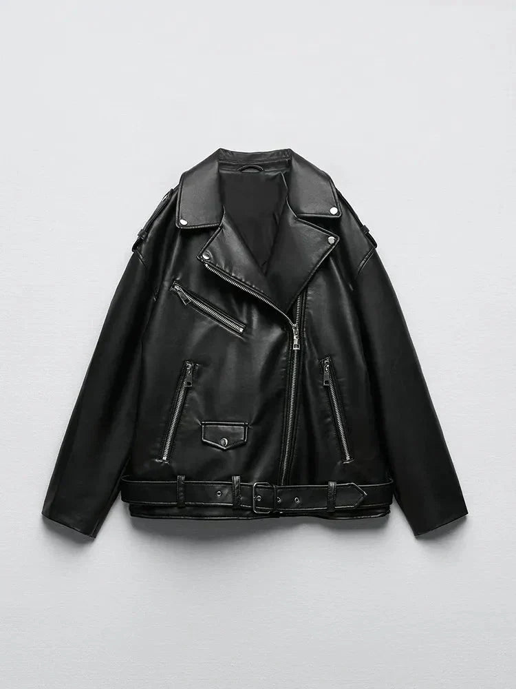 PU-Kunstlederjacke mit Gürtel und Reißverschluss