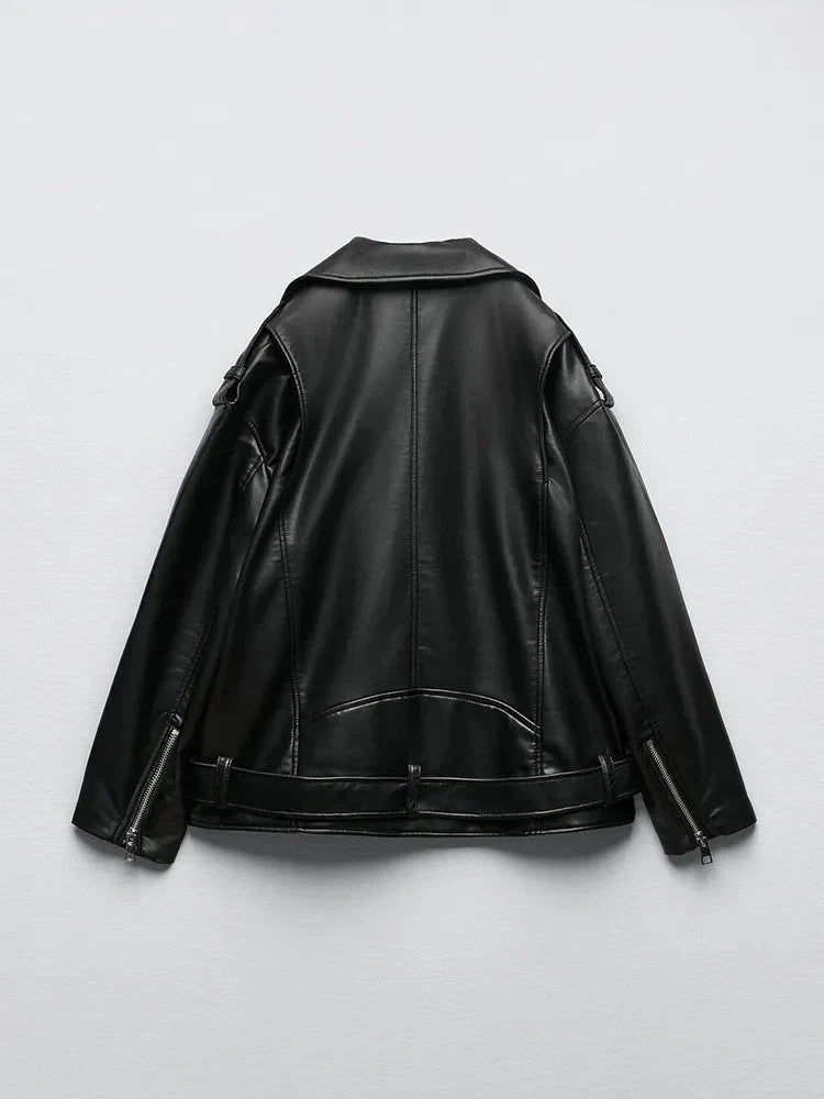PU-Kunstlederjacke mit Gürtel und Reißverschluss