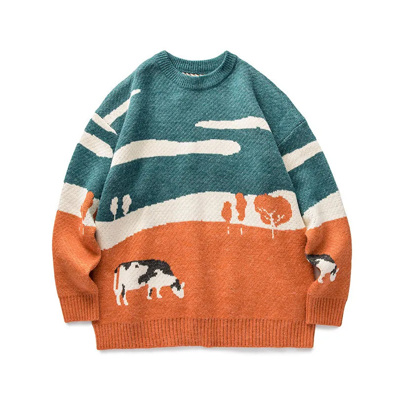 Herren Strickpullover mit Landschaftsmotiv und Kühen - Thomas