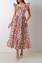 Griselda - Midikleid mit Kirschenprint und Rüschen