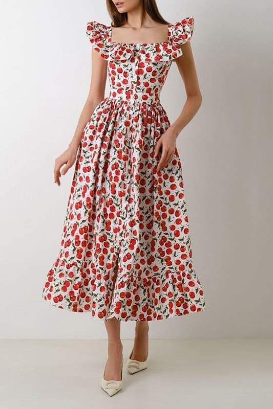 Griselda - Midikleid mit Kirschenprint und Rüschen