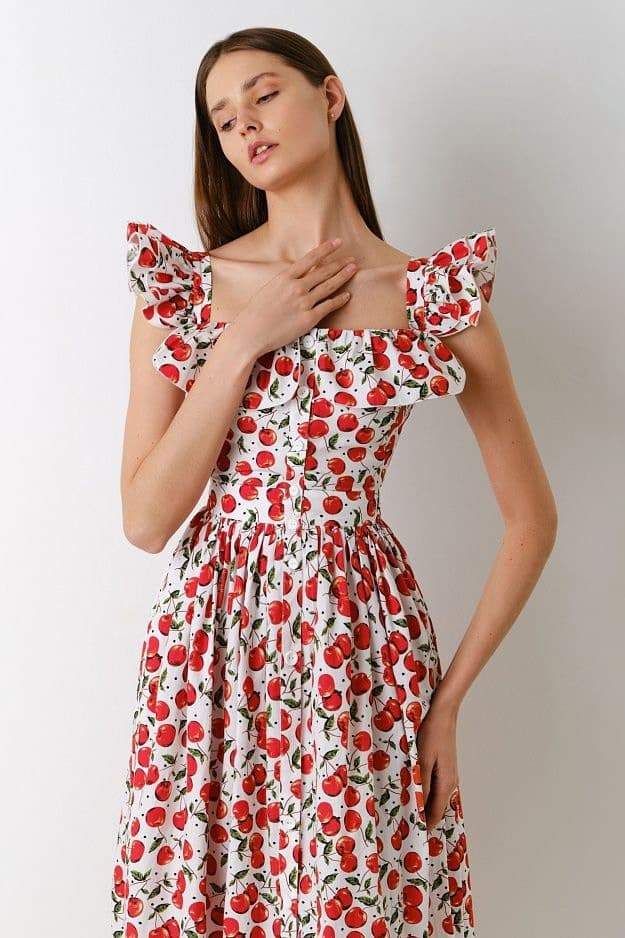 Griselda - Midikleid mit Kirschenprint und Rüschen