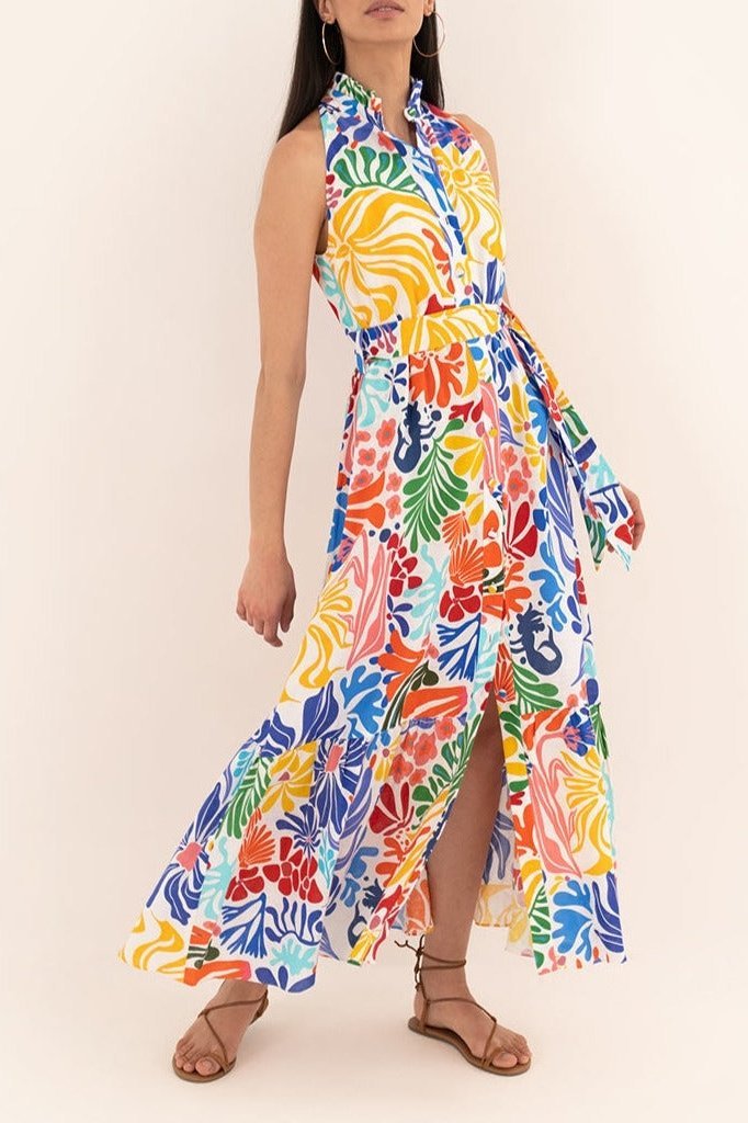 Wiebke - bedrucktes Midikleid mit Knöpfen und Gürtel