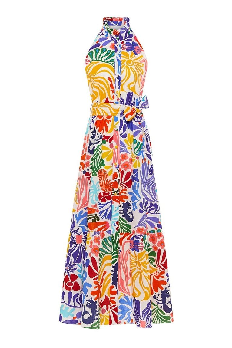Wiebke - bedrucktes Midikleid mit Knöpfen und Gürtel