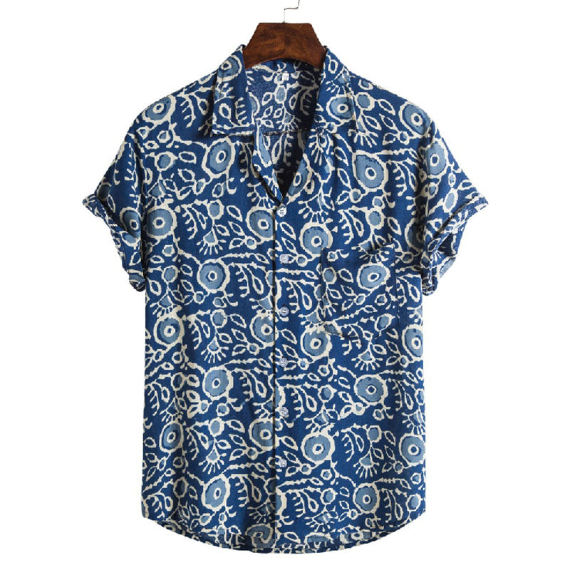 Stylisches Herren Kurzarm Hemd in Blau mit Vintage Druck aus Baumwolle