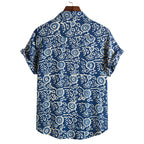 Stylisches Herren Kurzarm Hemd in Blau mit Vintage Druck aus Baumwolle