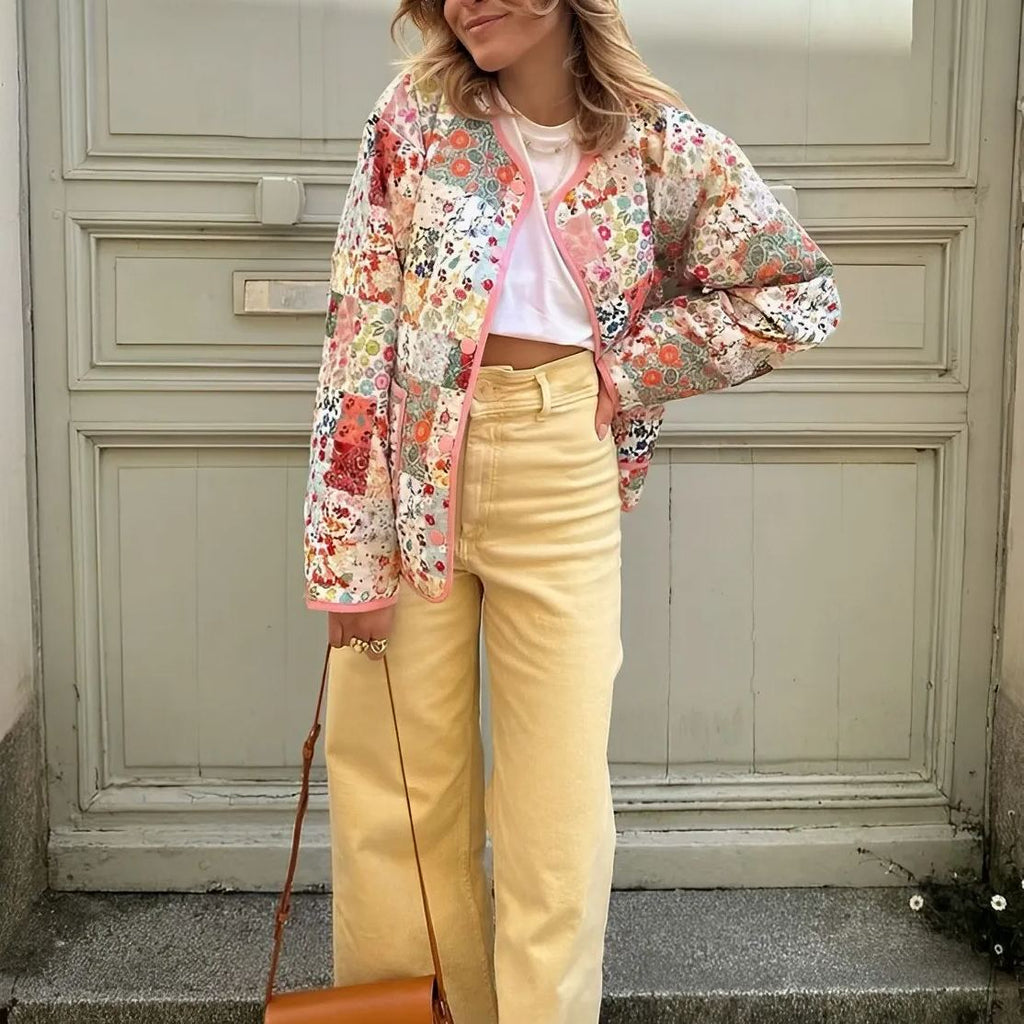 Jeansjacke mit Patchwork, lockerer Passform und Print