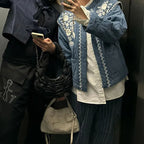 Jeansjacke mit Blumenstickerei und Stehkragen