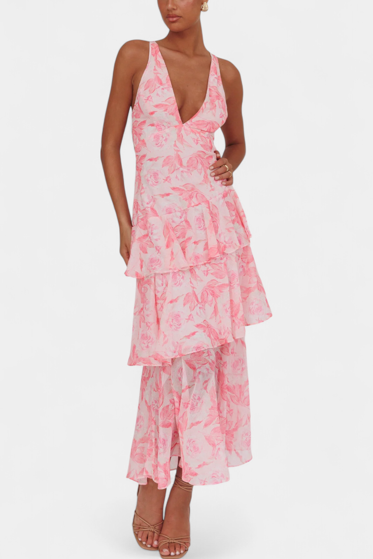 Langes Chiffonkleid mit V-Ausschnitt für Frauen - Domenica