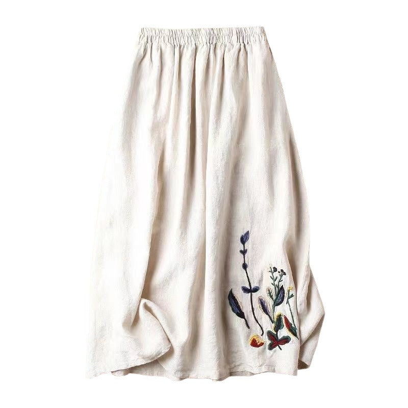 Damen Midirock mit Gummizug in der Taille und handgefertigter Blumenstickerei - Amandine