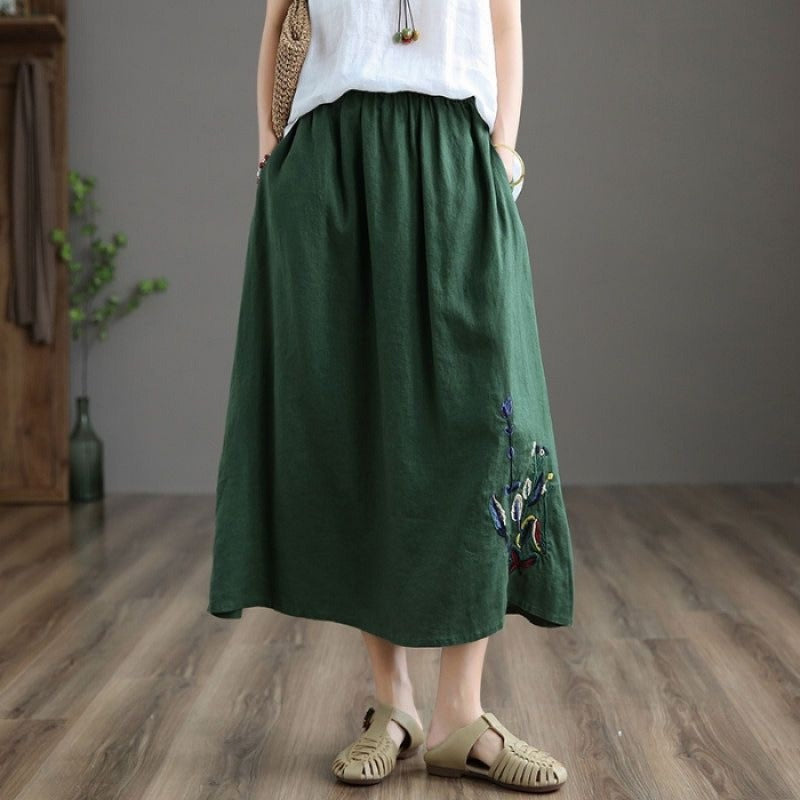 Damen Midirock mit Gummizug in der Taille und handgefertigter Blumenstickerei - Amandine