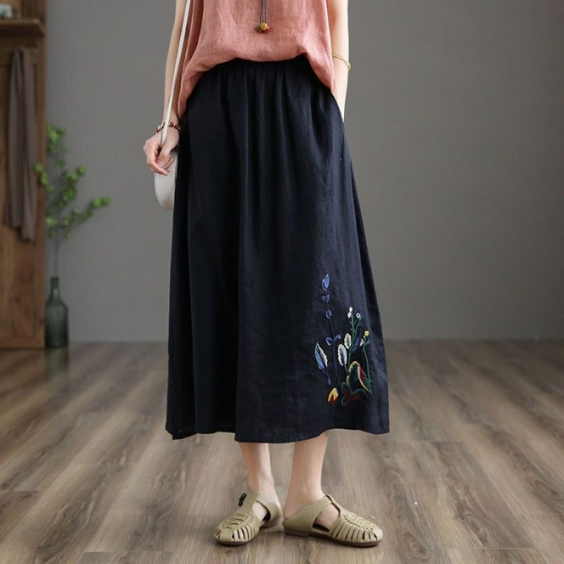 Damen Midirock mit Gummizug in der Taille und handgefertigter Blumenstickerei - Amandine