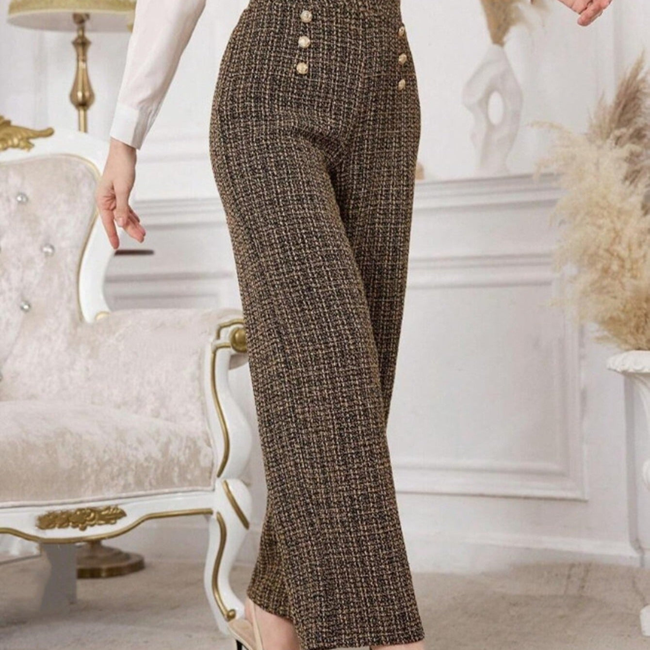 Damen-Tweedhose mit hoher Leibhöhe und Zierknöpfen - Noémie