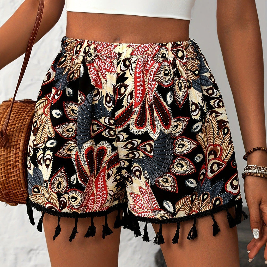 Hochtaillierte Shorts mit Bohème-Print und Quasten - Naïra
