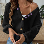 Damen Strickjacke mit V-Ausschnitt und Blumenstickerei mit Puffärmeln - Minerva