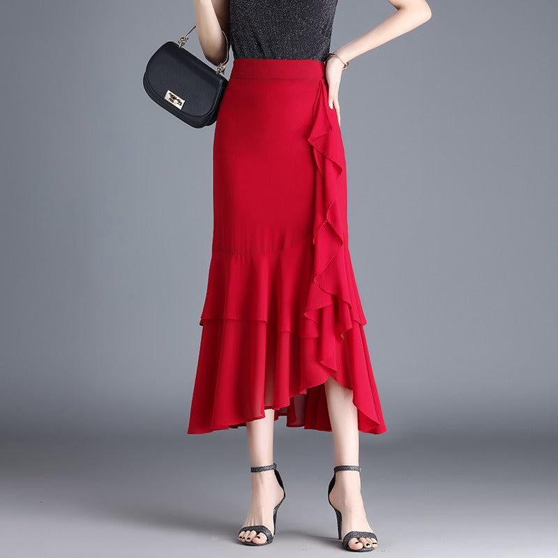 Damen-Midirock aus Chiffon mit Tiermotiv und Rüschen - Renata