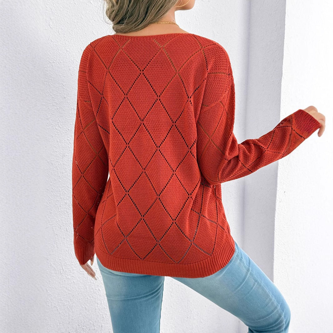 Durchbrochener Damen-Pullover mit V-Ausschnitt und Rautenmuster - Anette