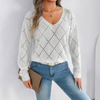 Durchbrochener Damen-Pullover mit V-Ausschnitt und Rautenmuster - Anette
