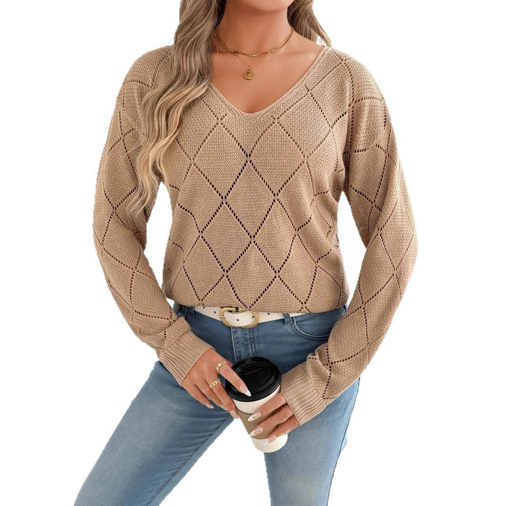 Durchbrochener Damen-Pullover mit V-Ausschnitt und Rautenmuster - Anette