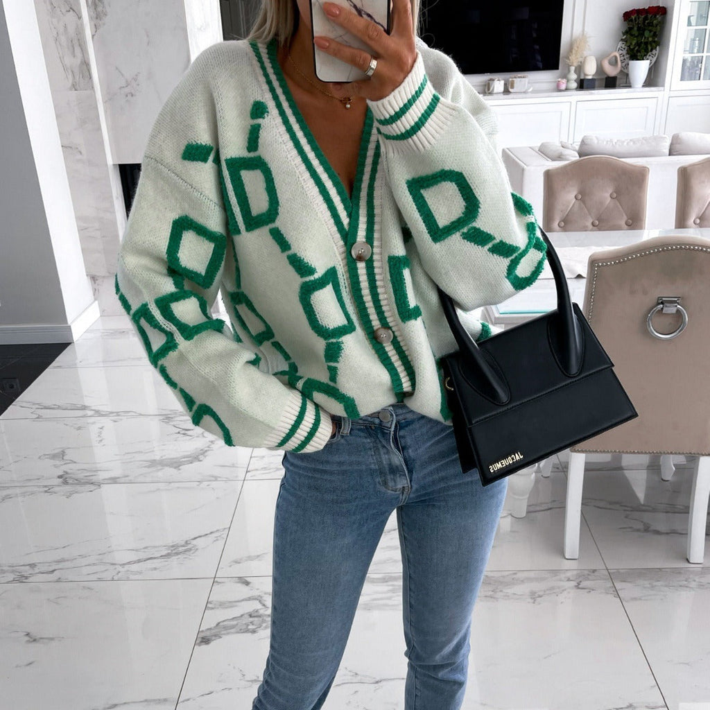 Jacquard-Strickjacke für Damen mit geometrischem Print in buntem Stil - Ninelle