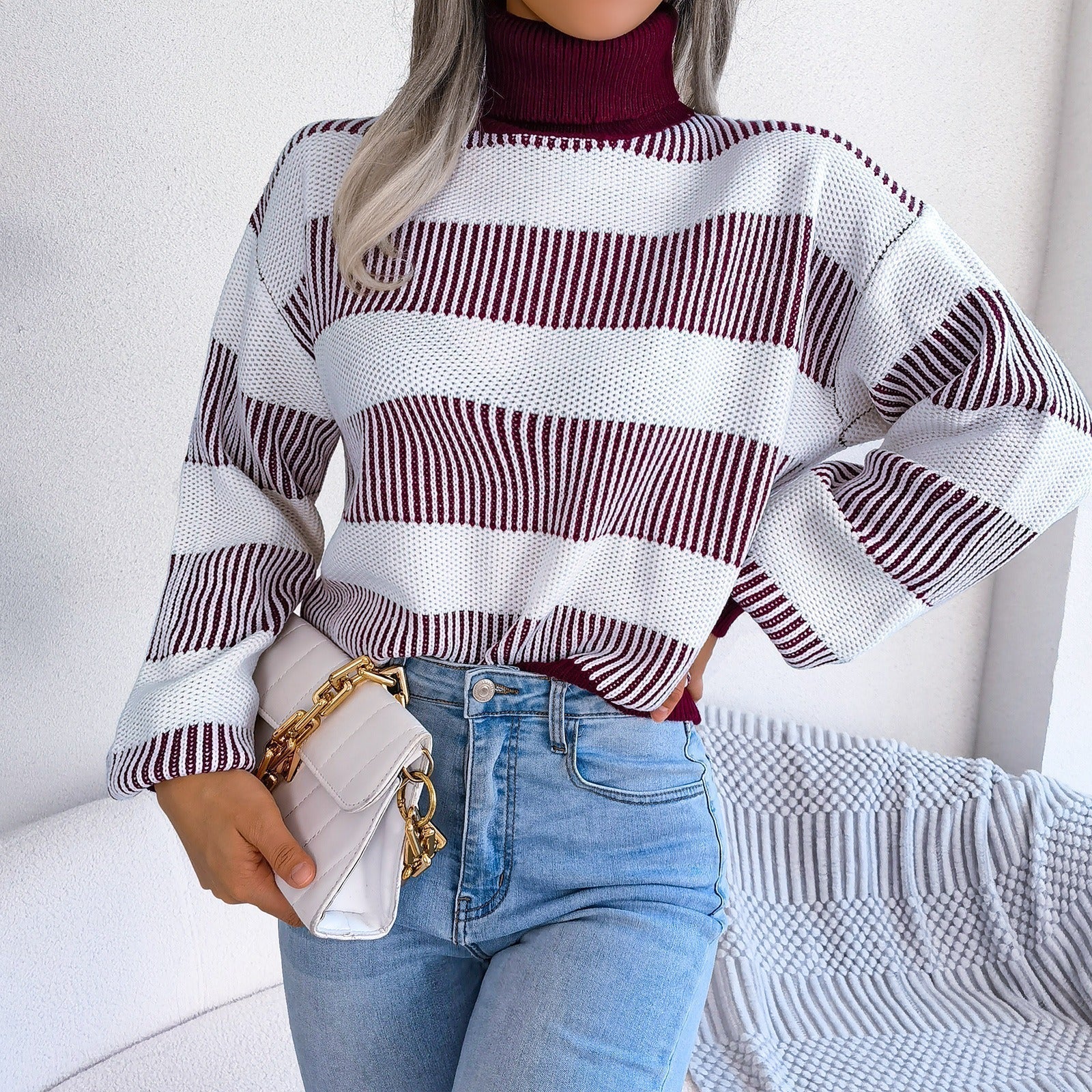 Breit gestreifter Damen-Rollkragenpullover - Elsy