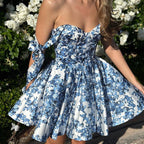 Kurzes trägerloses Kleid aus geblümtem Satin für Frauen - Maëlle