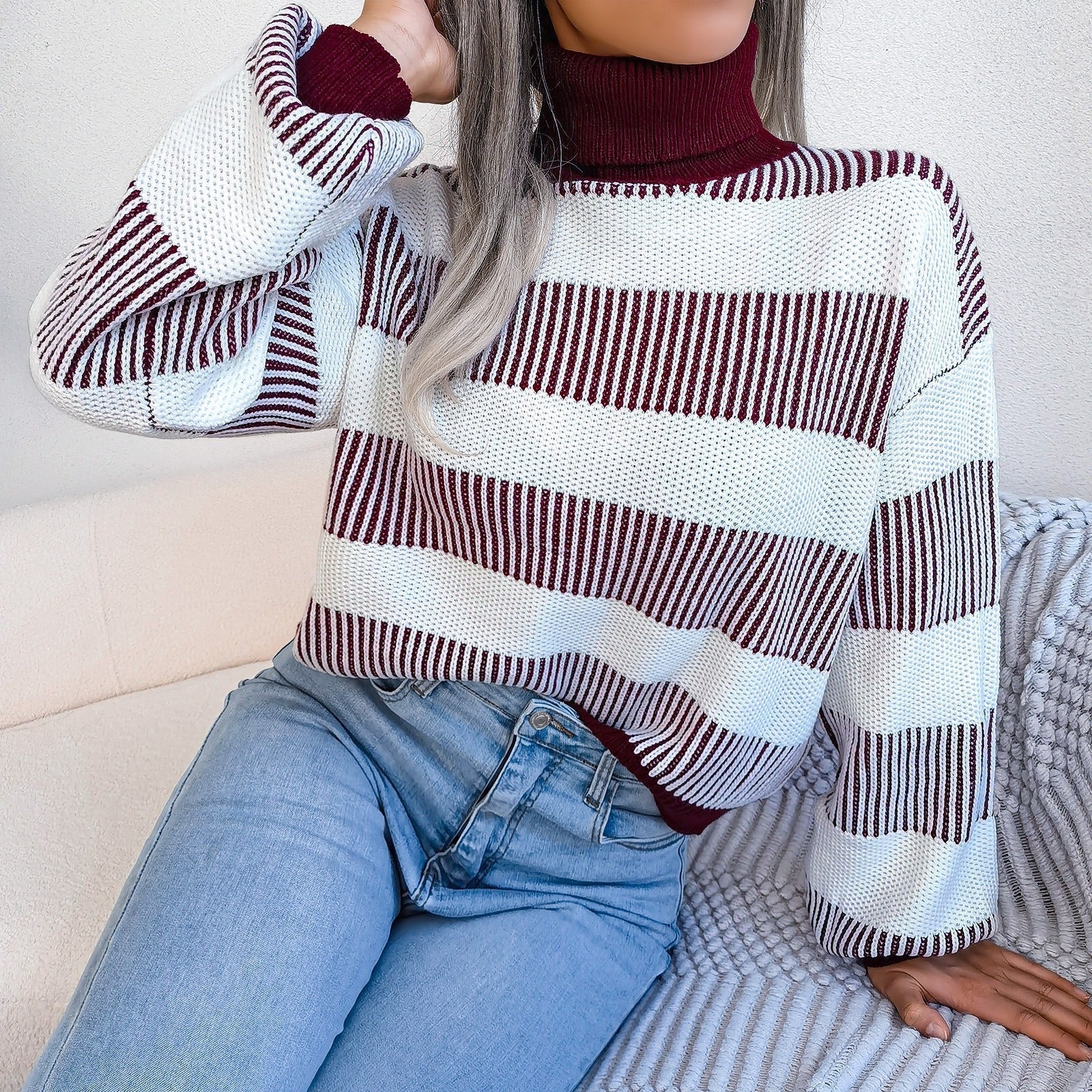 Breit gestreifter Damen-Rollkragenpullover - Elsy