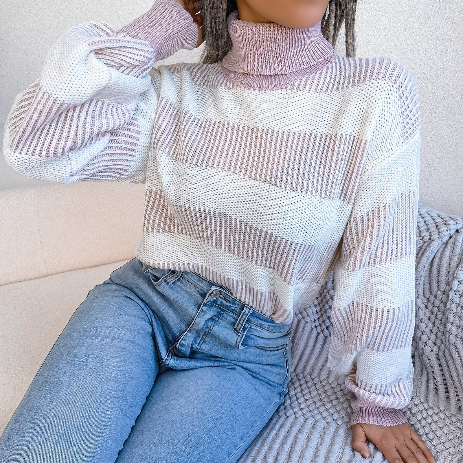 Breit gestreifter Damen-Rollkragenpullover - Elsy