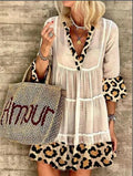 Leona - Mode Leopard Print Patchwork Baumwolle Leinen Kleid