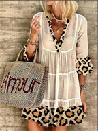 Leona - Mode Leopard Print Patchwork Baumwolle Leinen Kleid