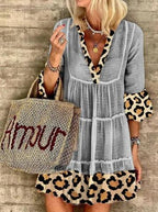 Leona - Mode Leopard Print Patchwork Baumwolle Leinen Kleid