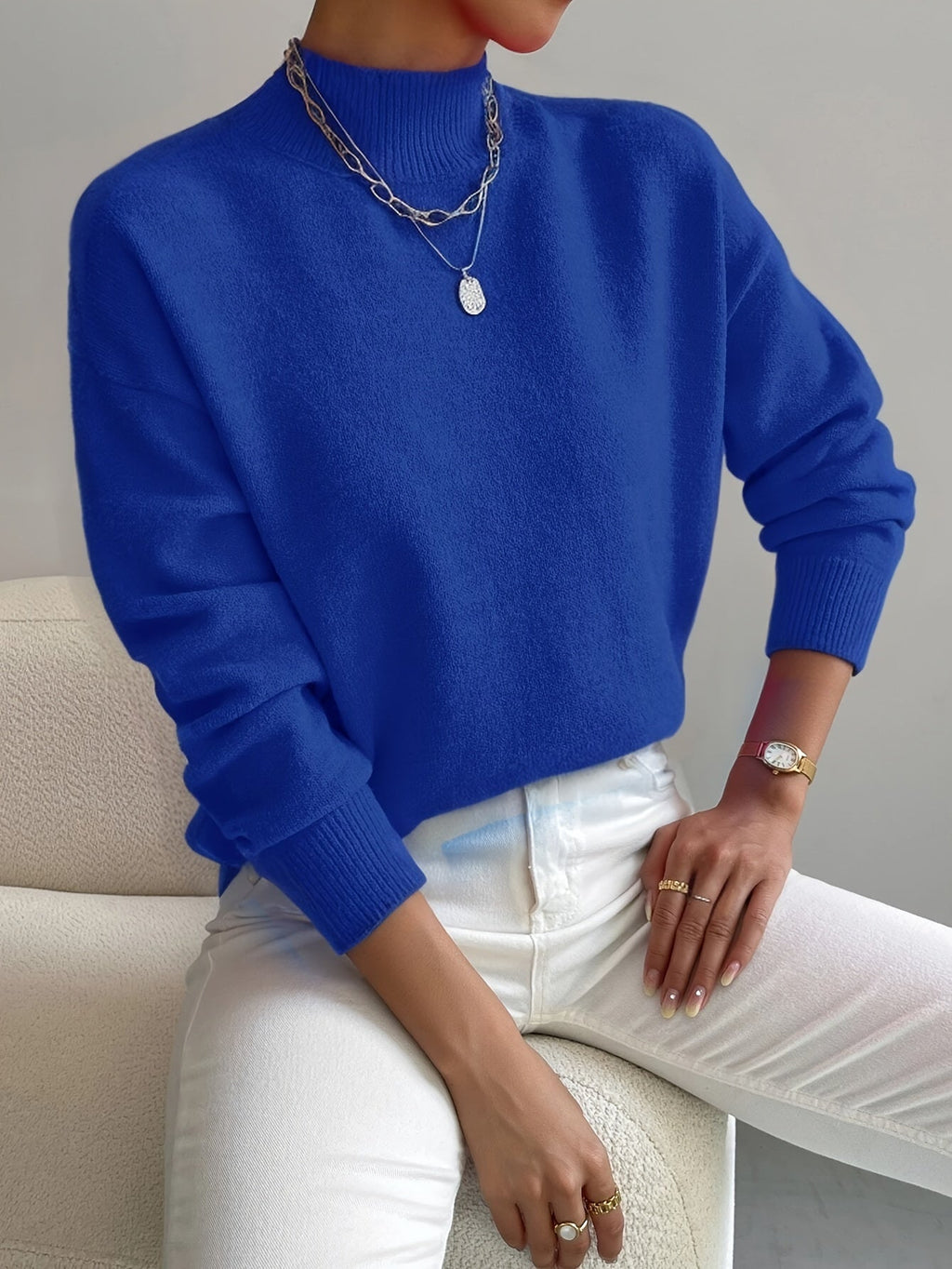 Damen Pullover eleganter warmer Strickpullover Stehkragen weicher Stoff gerade Passform - Yvonne