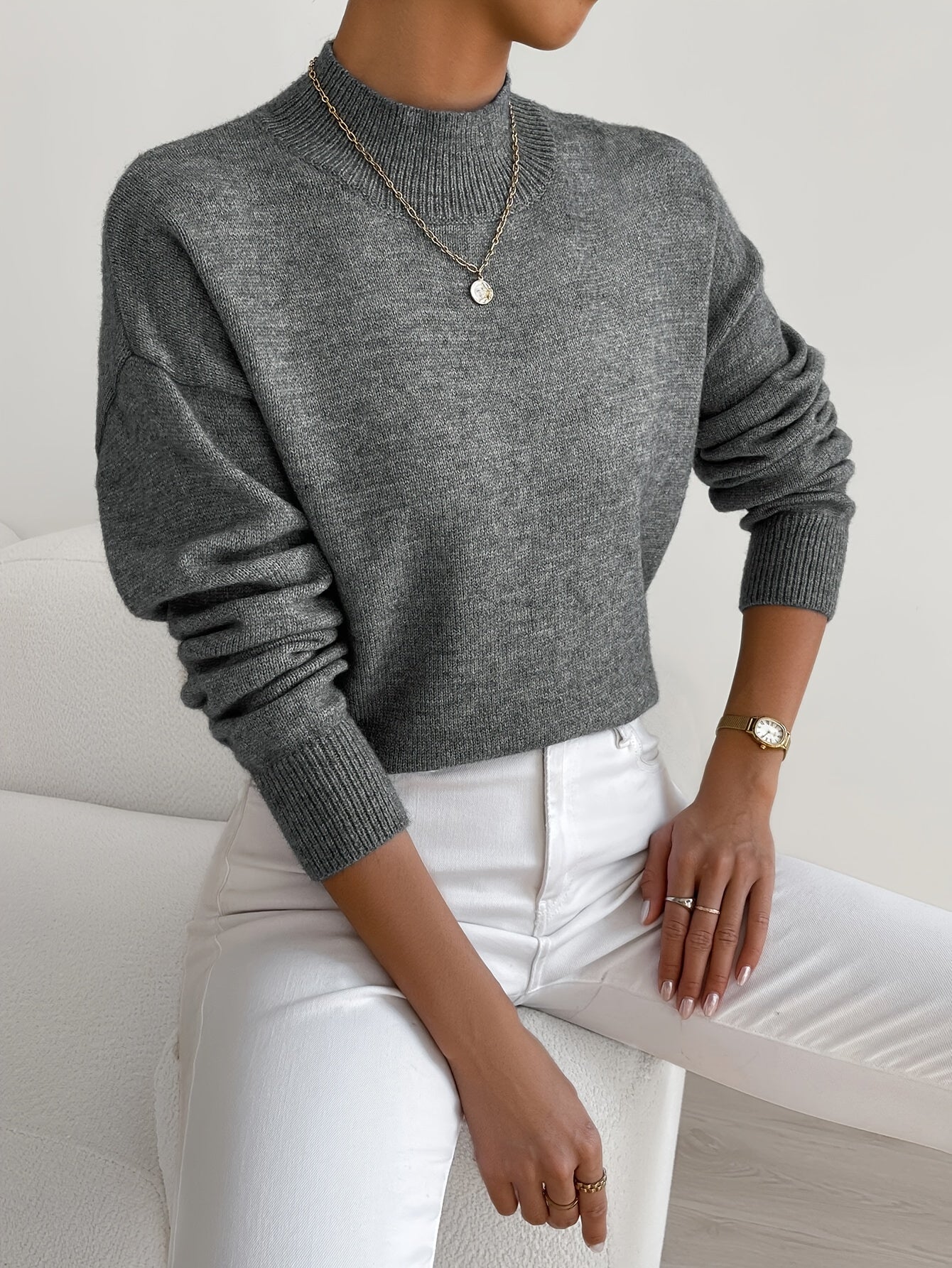 Damen Pullover eleganter warmer Strickpullover Stehkragen weicher Stoff gerade Passform - Yvonne